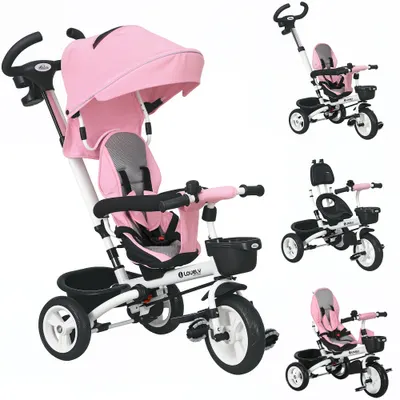 HOMCOM Triciclu pentru copii 6-in-1 cu mâner de împingere, acoperiș, centură, coș de depozitare, 18+ luni, Roz | Aosom Romania