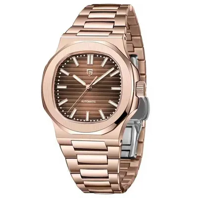 Ceas bărbătesc automat PD-1728, cadran maro texturat, carcasă rose gold 40mm, oțel inoxidabil, sticlă safir, mecanism Hiou ST6