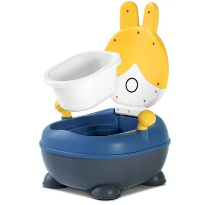 Olita pentru copii Little Mom Rabbit Yellow, cu adaptor moale din PU, vas colector detasabil, capac rabatabil cu functie de spatar ergonomic, picioruse antiaderente, dimensiune 36 x 32.5 x 53 cm