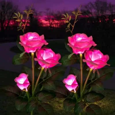 Set 2 Lampi Solare Decorative Tip Trandafiri Roz – Iluminare LED, Design Elegant si Functionare Automata