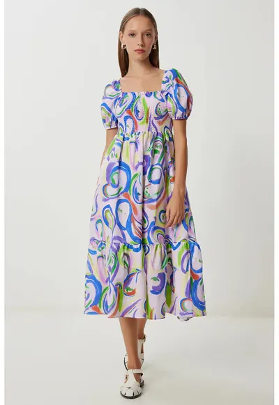 Rochie Midi - Happiness Istanbul - A-line - imprimeu abstract - mov - poliester-bumbac