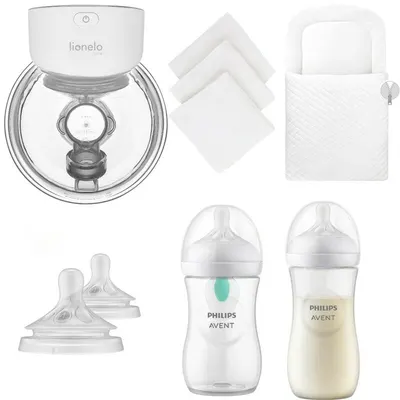 Pachet Confort Kit, Qmini, Cu pompa de san portabil, hands-free, Set 3 scutece muselina 68x68 cm, Oeko-Tex, Biberoane Philips Avent, Anticolici, 260 ml si 330 ml, Set tetine debit mediu, Paturica de infasat din catifea matlasata, Alb