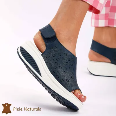Pantofi Perforati dama din Piele Naturala cu talpa inalta CRL0187 NAVY