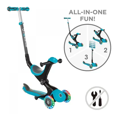 Trotineta evolutiva Globber Go-Up 4 in 1 Deluxe Lights Turquoise, ghidon reglabil, scaun, maner parinte, roti cu Led, greutate admisa 50 kg