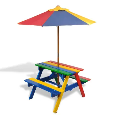 vidaXL Masă de picnic pentru copii cu bănci și umbrelă, lemn multicolor