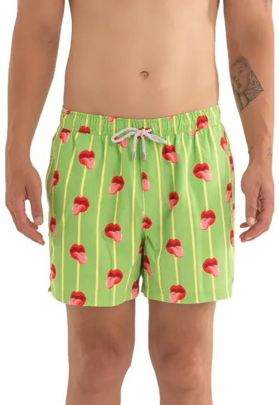 Pantaloni scurti de baie cu model si snur - Galben pai/Rosu vermillion/Verde lime