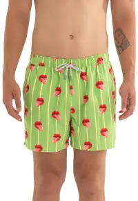 Pantaloni scurti de baie cu model si snur - Galben pai/Rosu vermillion/Verde lime