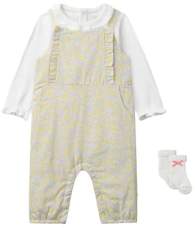 Set de 3 piese Sergent Major - Cu imprimeu floral, salopetă, body și șosete, 1 lună