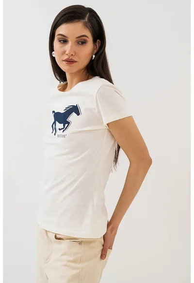Tricou cu decolteu la baza gatului si logo - Alb murdar