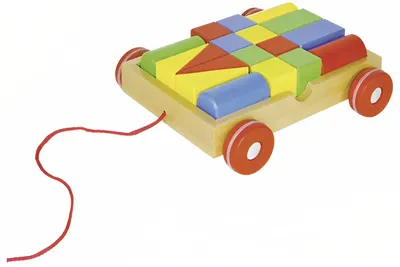 Jucarie din lemn pentru tragere Goki - Carucior cu constructor