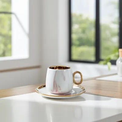 Serviciu de cafea Morello - Marble, 6 cești cu farfurii, 100 ml, Pink & Gold