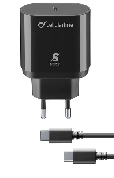 Încărcător Cellularline - PD, USB-C, cablu USB-C, 25W, negru