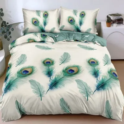 Lenjerie pat dublu bumbac satinat - 3 Bucati 219 Lei - Alb Verde pene de paun