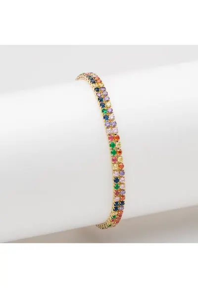 Bratara dubla cu cristale multicolore - placata cu aur de 14K - 17x2cm