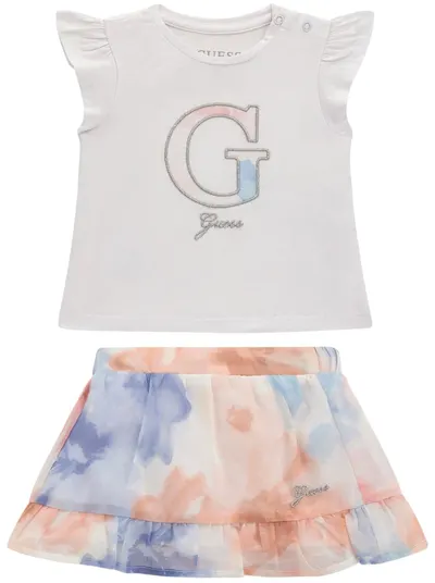 Set de 2 piese Guess - Tricou și fustă cu volane, alb, 24 luni