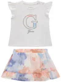 Set de 2 piese Guess - Tricou și fustă cu volane, alb, 24 luni