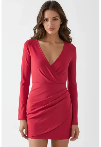 Rochie mini - mulata - maneci lungi - rosu - jerseu
