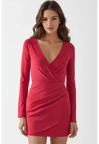 Rochie mini - mulata - maneci lungi - rosu - jerseu