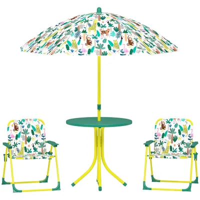 AIYAPLAY Masă de Picnic pentru Copii, Set Masă și Două Scaune Pliabile cu Umbrelă Demontabilă, Tematică Jungle, Mobilier de Exterior pentru Grădină, Terasă, Verde | Aosom Romania