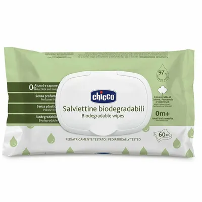 Servetele umede biodegradabile 60 buc, Chicco, 97% apa, Fara parfum, 0 luni+