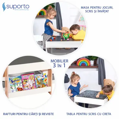 Set masuta cu 2 scaune pentru copii Suporto Alb Maro 3-6 ani, cu rafturi pentru carti, sertare depozitare, organizator jucarii, tabla de scris, desenat, studiat, din MDF
