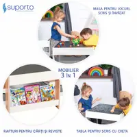 Set masuta cu 2 scaune pentru copii Suporto Alb Maro 3-6 ani, cu rafturi pentru carti, sertare depozitare, organizator jucarii, tabla de scris, desenat, studiat, din MDF
