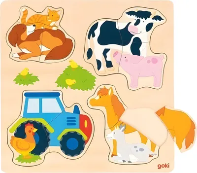 Puzzle din lemn Goki - Animale de fermă, 12 piese