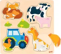 Puzzle din lemn Goki - Animale de fermă, 12 piese