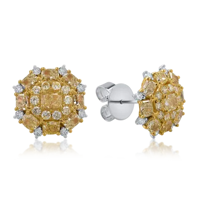 Cercei din aur alb-galben cu diamante galbene cushion de 4ct si diamante incolore round de 0.34ct