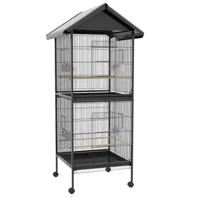 PawHut Volieră pentru Păsări cu Roți, Tăvi Detașabile din Plastic și Stinghii, Colivie pentru Canari din Metal, 168 cm, Negru | Aosom Romania