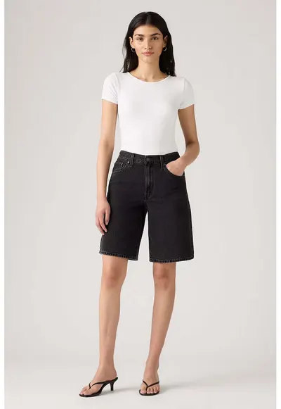 Blugi scurti relaxed fit cu talie medie - Negru