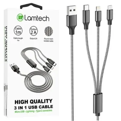Cablu Date si Incarcare Lamtech, 3in1, USB la Type-C/Lightning/Micro USB, Invelis metalic, 2A, 1m, Negru
