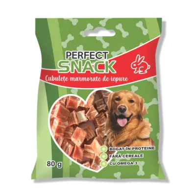 PERFECT SNACK Cubulete Marmorate, XS-XL, Iepure, punguță recompense fără cereale câini, 80g