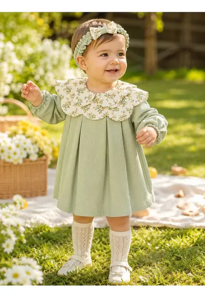 Rochie bebe fetita din muselina cu bentita si guler ffewgewloral eleganta - Fete - Verde