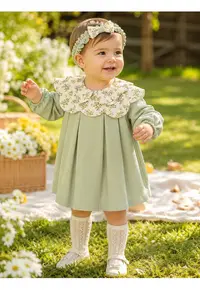 Rochie bebe fetita din muselina cu bentita si guler ffewgewloral eleganta - Fete - Verde