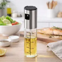Pulverizator ulei pentru gătit și salate, recipient gradat 90 ml, spray fin, design modern din inox și sticlă