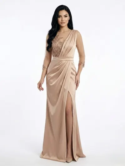 Rochie eleganta din tafta cu slit pe picior si broderie pretioasa