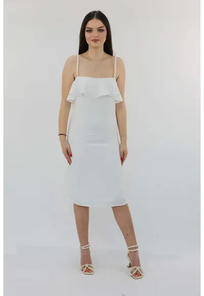 Rochie eleganta midi cu volane si perle COCO - Alb