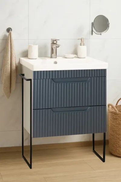 Set Baza front MDF si Lavoar seria 733, cadru metalic, sertare, 60 cm, antracit