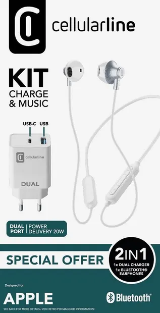 Set încărcător și căști Cellularline - Kit Charge & Music, alb