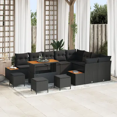 Set de canapea de gradina Gossi cu 12 piese si perne poliratan negru acacia, set de dining de gradina Gossi cu 3 piese si perne poliratan negru acacia