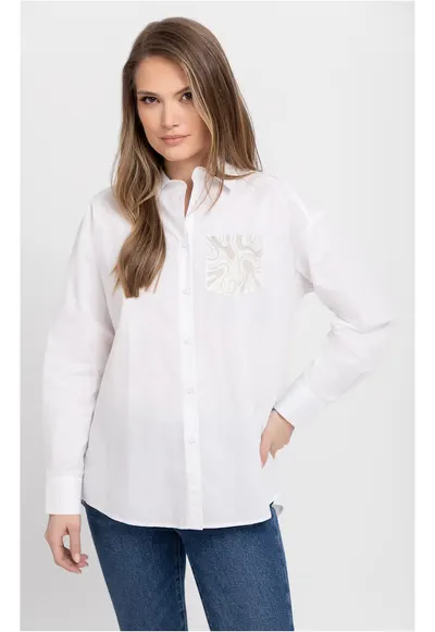 Camasa supradimensionata din bumbac cu broderie decorativa pe piept - K-Celli - Alba - Alb
