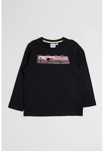 Bluza din bumbac cu decolteu la baza gatului si logo - Negru/Roz deschis