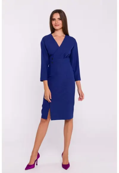 Rochie tip creion midi cu nasturi decorativi - Albastru