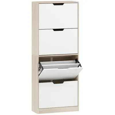 HOMCOM Dulap Subțire pentru Pantofi cu 4 Sertare pentru 16 de Perechi de Pantofi 62.5x26x156 cm, Culoare Lemn și Alb | Aosom Romania
