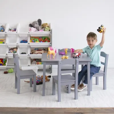 Set masuta cu 4 scaunele din lemn Ginger Home Gri,margini rotunjite,design scandinav elegant,potrivit pentru luat masa,activitati,teme,gradinita,after school