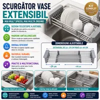 Scurgator vase extensibil pentru chiuveta multifunctional, tip cos, telescopic, otel inoxidabil/PVC