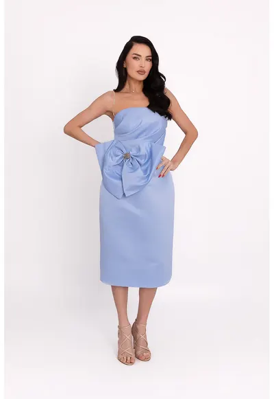 Rochie din satin cu aplicatie funda supradimensionata - Albastru deschis