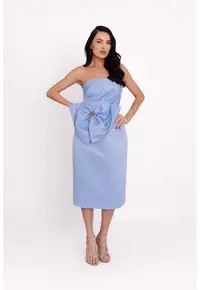 Rochie din satin cu aplicatie funda supradimensionata - Albastru deschis