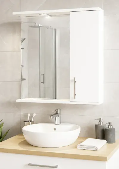 Dulap baie suspendat seria 020 cu oglinda, front MDF, montat, alb, 65x71 cm